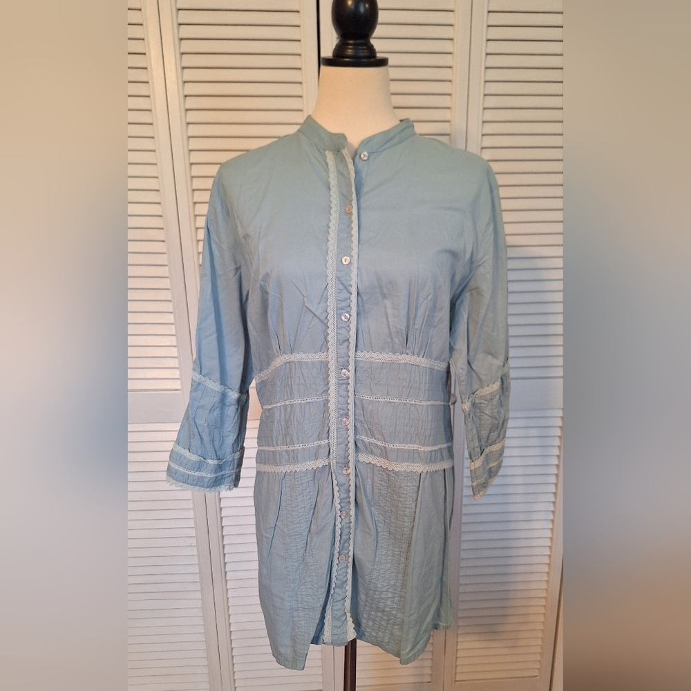 Cato Sky Blue Lace-Trim Cotton Tunic Top Blouse XL *5